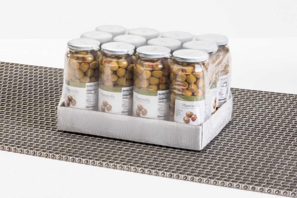 WIR_1811_BELT_003 A flat wire conveyor belt transporting a case of jars of olives.