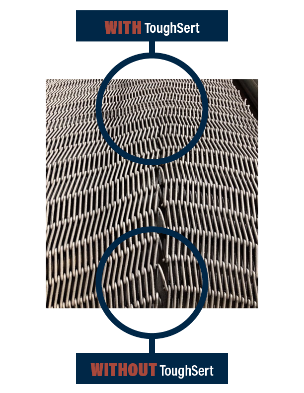 Example of a belt with and without ToughSert Example of a belt with and without the ToughSert enhancement.